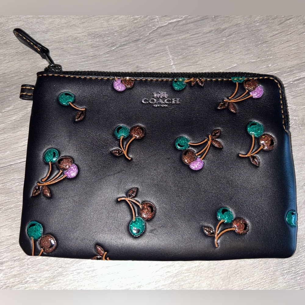 Coach Black Leather Wristlet w/Teal, Pink & Brown Cherry Embellishments Rare